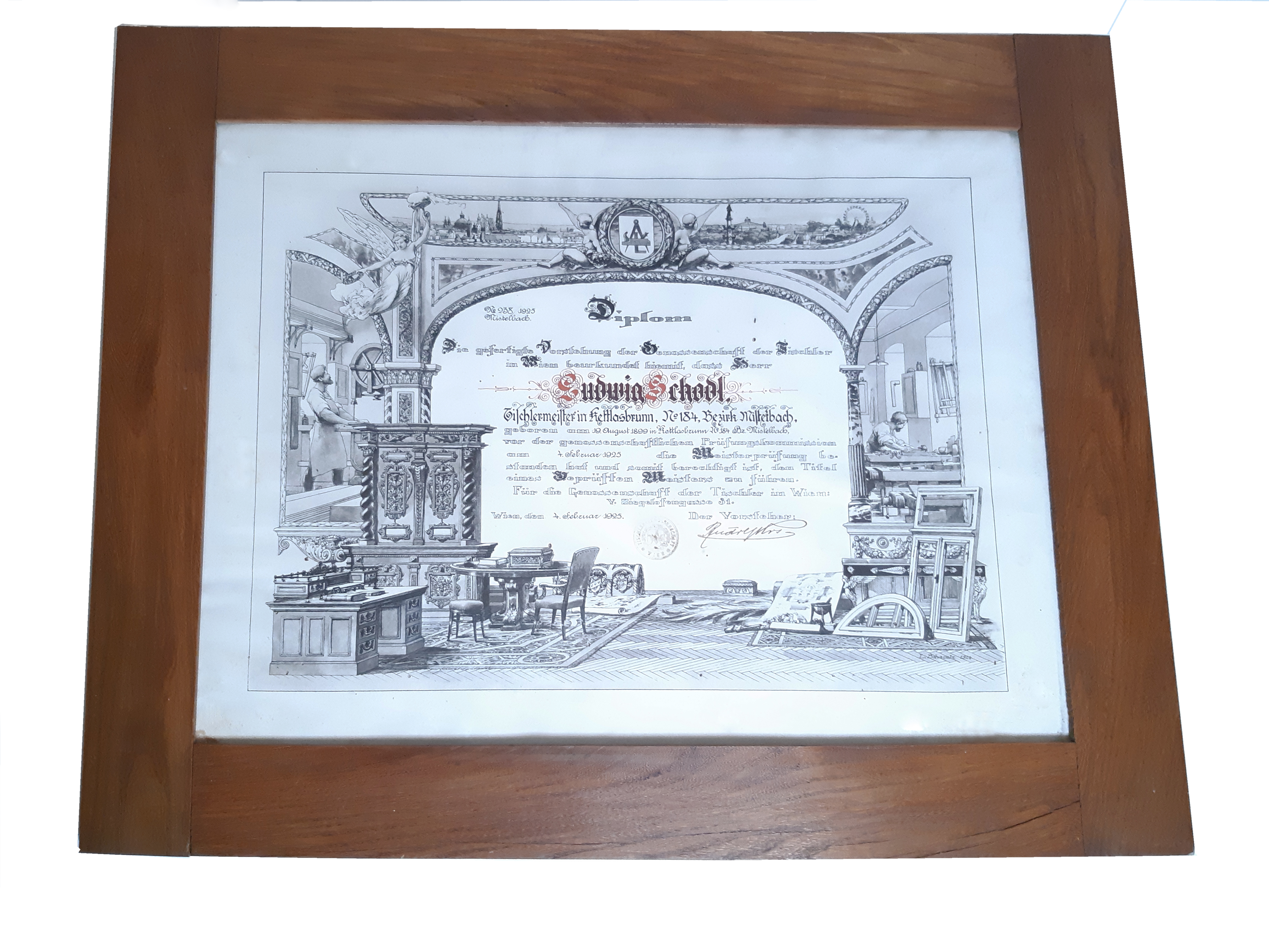Diplom, Meisterprüfungszeugnis der Tischlergenossenschaft Wien von 1925